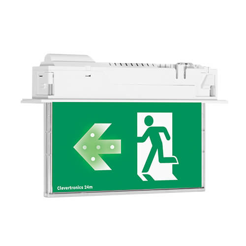 CleverEvac Dynamic Green Exit, Recessed Mount, LP, Running Man Arrow Left, Single Sided